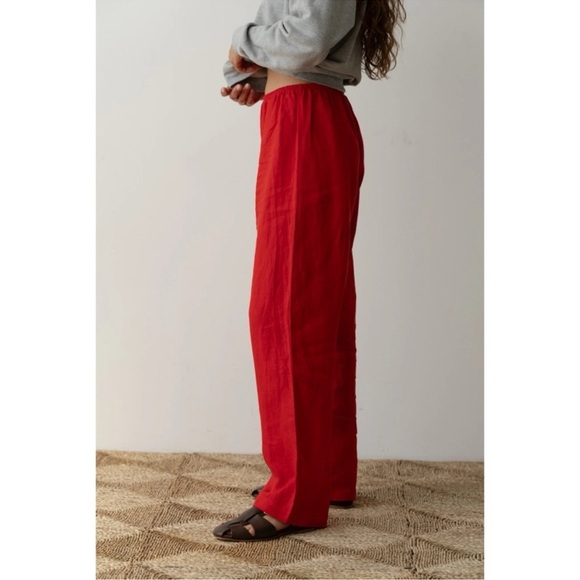 DONNI The Linen Simple Pants Wide Leg Pull on Trousers in Tomato Red - Picture 8 of 9